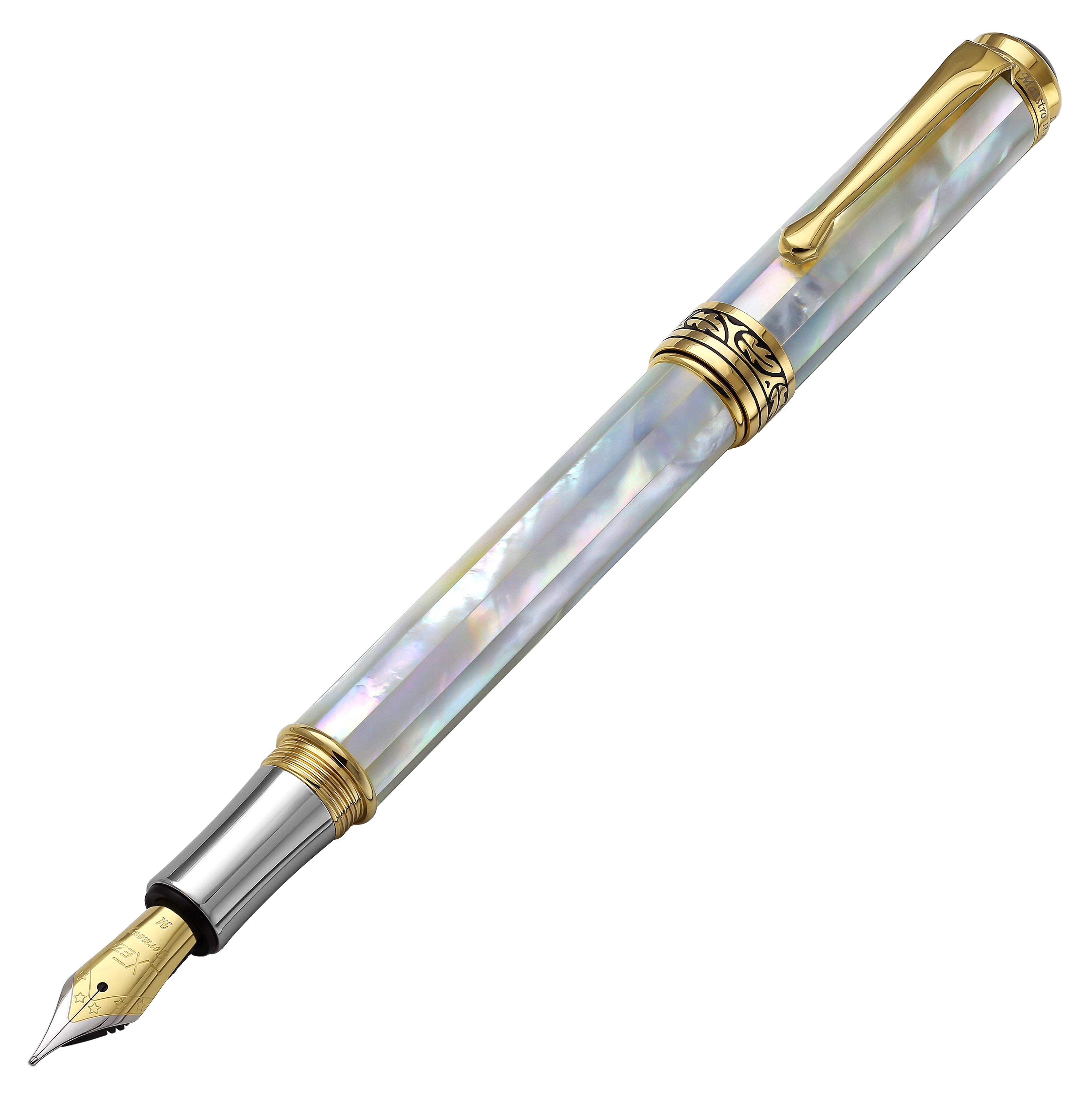 Xezo Xezo Maestro® 18K Gold Plated Fountain Pen (Medium Nib) - Oceanic White Mother of Pearl