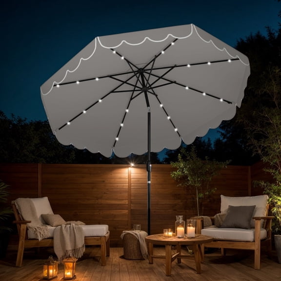 Yardi Yarda 9.3 FT Solar Patio Umbrella with 24 LED Lights Vented Top and Ruffles, Outdoor Shade, Gray