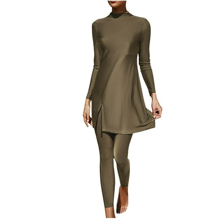 Saving UTSJKR Women Muslim Swimsuits Two Piece Modest Bikini Swimwear Islamic Long Sleeve Full Cover Swim Top Leggings Pants Bathing Suits Brown XL
