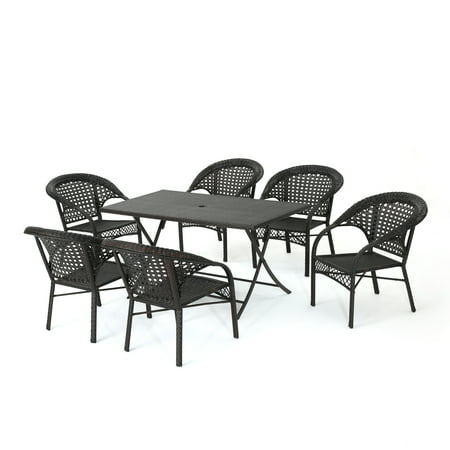 - Ursula Outdoor 7 Piece Wicker Dining Set with Foldable Table and Stacking Chairs, Multibrown