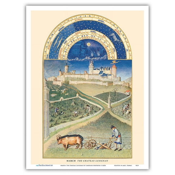 March: The Château Lusignan - Book of Hours (Très Riches Heures) - Vintage Illuminated Manuscript by Limbourg Brothers c.1400s - Master Art Print (Unframed) 9in x 12in