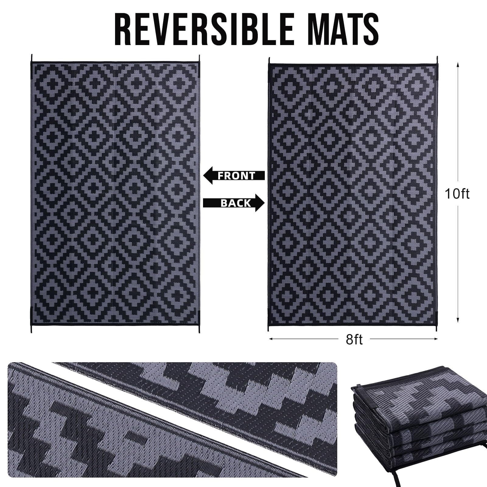 Waterproof Outdoor Rug 5x8 ft, Reversible Plastic Straw Patio Rug for Camping, RV Mat Outside, Indoor Outdoor Carpet for Porch, Deck, Backyard, Camper, Balcony, Picnic, Black & White