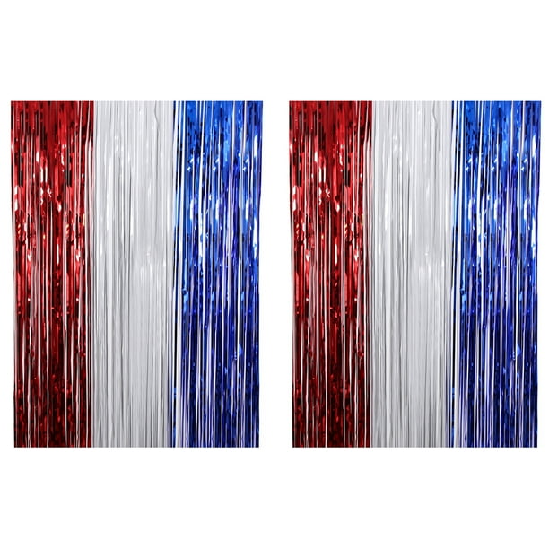 Cortinas con flecos de aluminio, 2 paquetes de cortinas metálicas brillantes, decoración para fotomatón de fiesta, rojo, blanco y azul