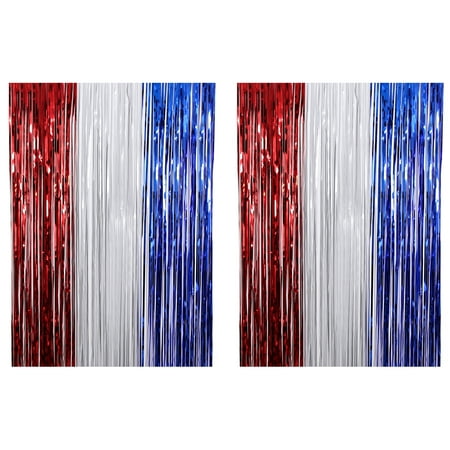 Image of 2 Pack Red Blue White Foil Fringe Curtain Backdrop Metallic Tinsel Foil Fringe Streamers Curtains for Photo Booth Wedding Mardi Gras Birthday Independence Day Party Decoration - 1m*4m
