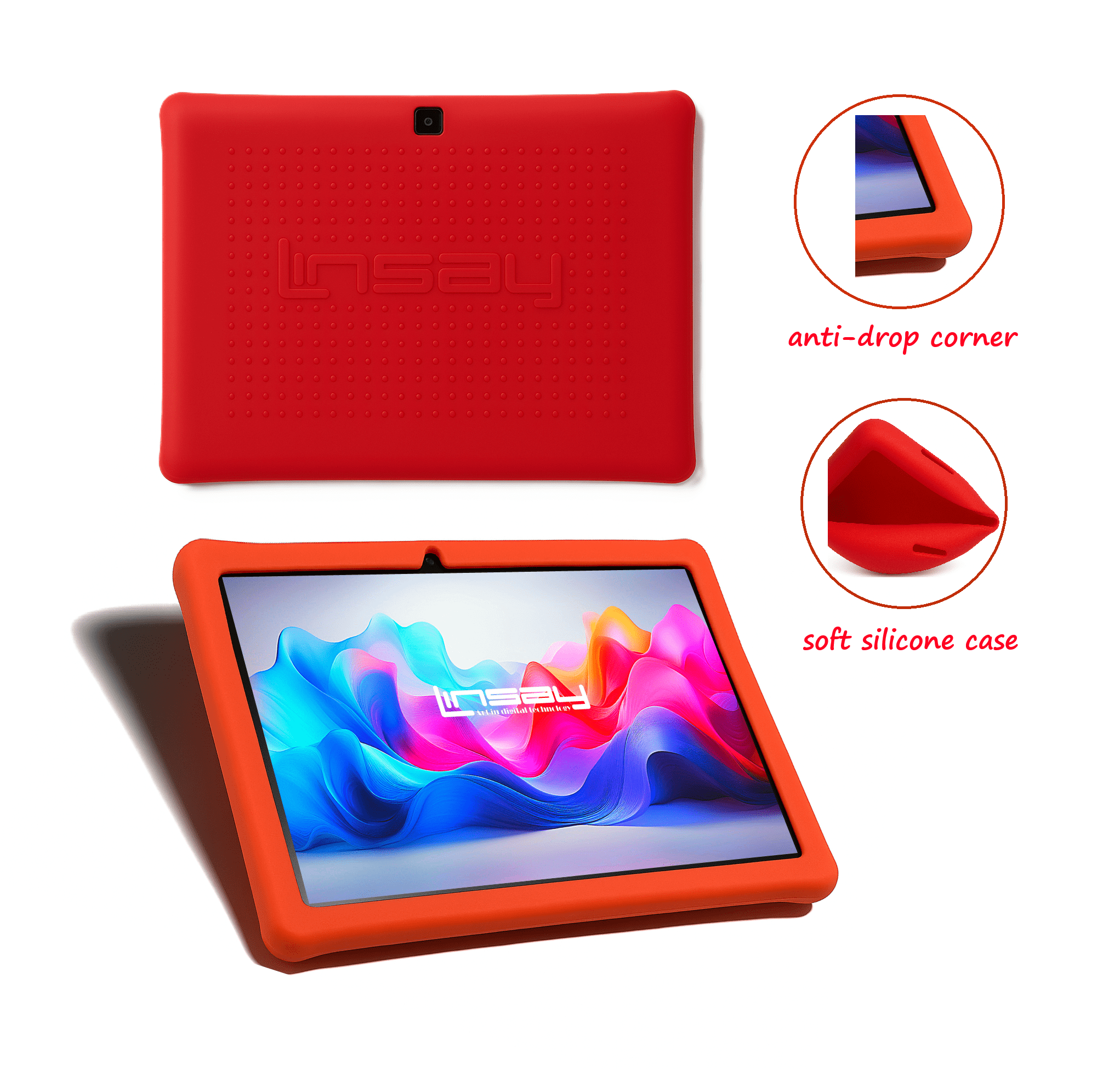 LINSAY 10.1 Octa Core 4GB RAM 128GB Android 15 Wi-Fi Tablet with Red Kids Defender Case