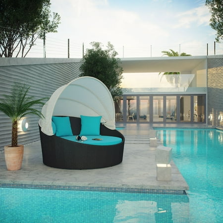 Modway Siesta Rattan Weave/Aluminum Canopy Patio Daybed in Espresso/Turquoise