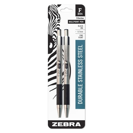 Zebra F-301 Ballpoint Stainless Steel Retractable Pen, Fine Point, 0.7mm, Black Ink,