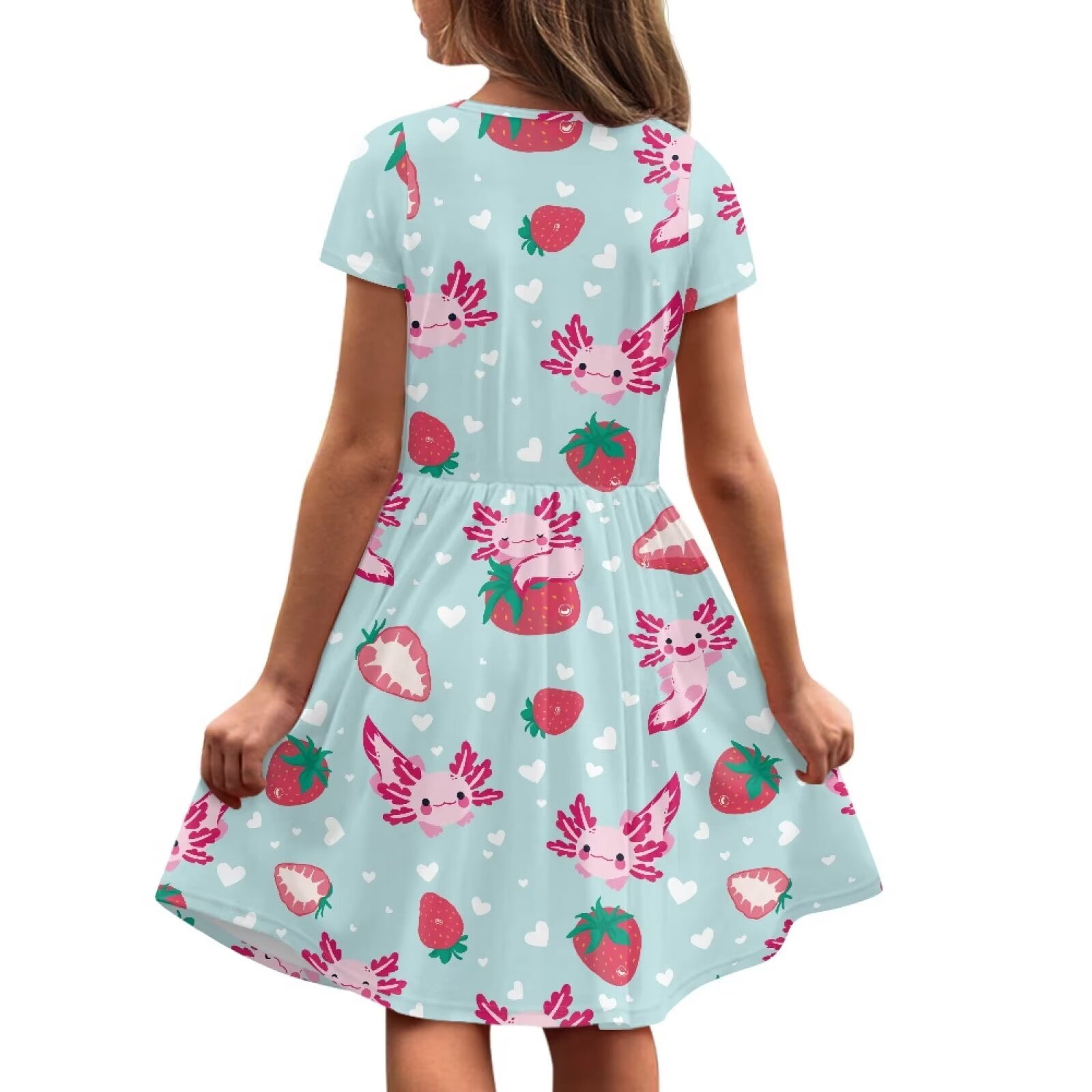 Uourmeti Axolotl Short Sleeve Dresses for Toddler Girls Cute Swing Dress Strawberries Summer Soft Crew Neck Knee Length A-Line Dresses with Pockets