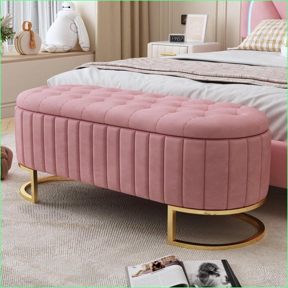 Storage Ottoman, Modern Velvet Button-Tufted Bench with Metal Legs, 400LBS for Bedroom Living Room, Almost Fully Assembled | Pink | Velvet