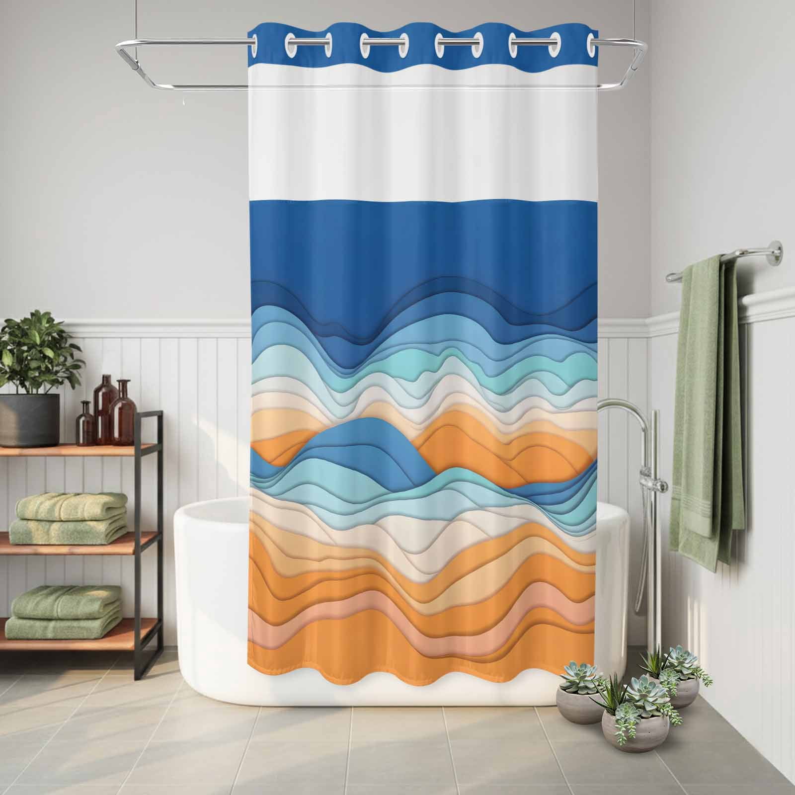 No Hook Shower Curtain Ombre Orange Blue Shower Curtain for Bathroom Abstract Mountain Waves Lines Bath Curtains Waterproof Fabric with See Through Top Window for Spa Hotel 36x72 Inch