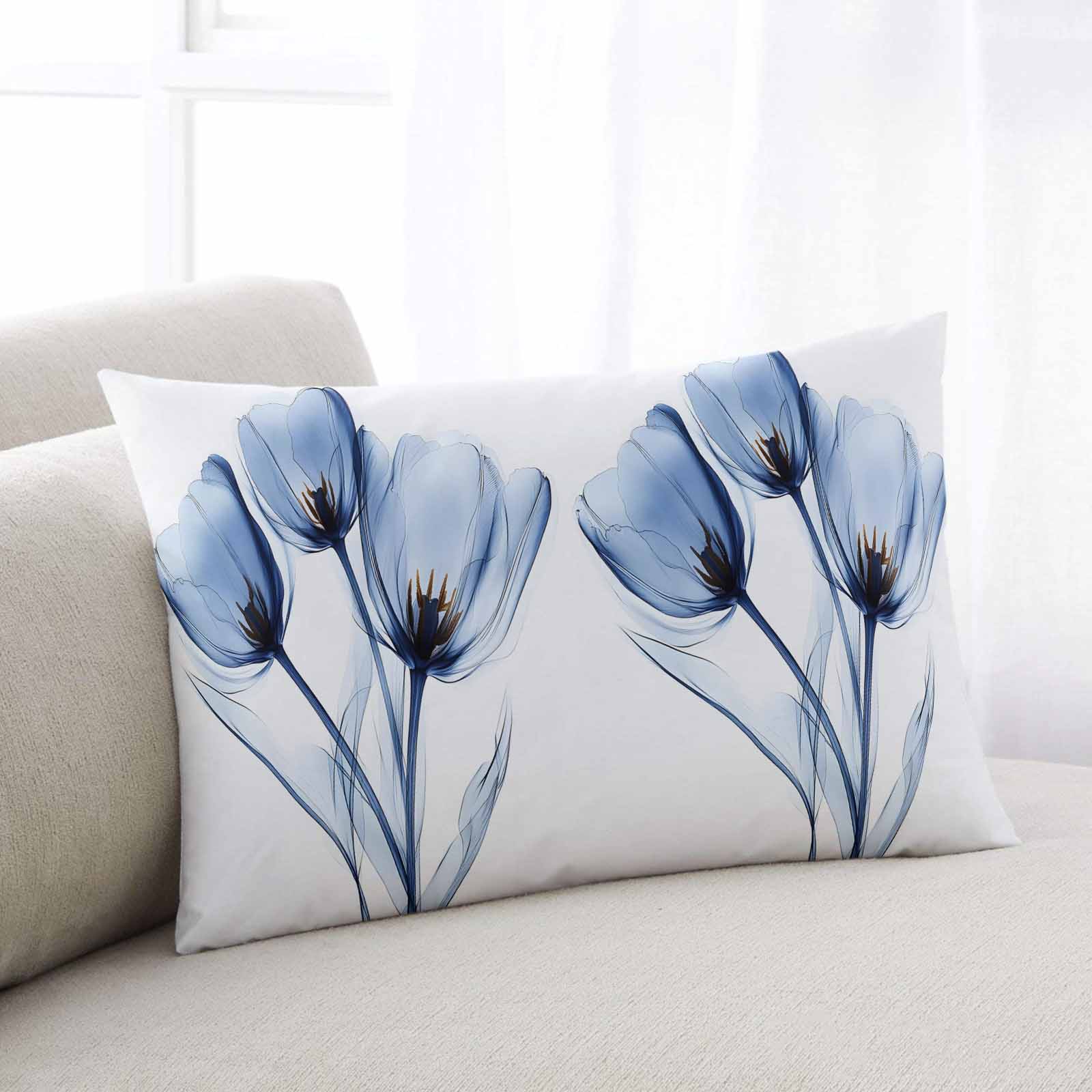 Blue Flowers Throw Pillow Cover 20 x 36 Inch Decorative Pillow Cover Simple Gradient Tulip Floral Branches Lumbar Pillowcase Seasonal Rectangle Cushion Case for Couch Sofa Bed Living Room