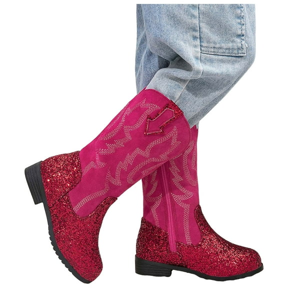 Chenyee Toddler Girls Cowboy Boots Fleece Lined Mid Calf Riding Booties Kids Comfortable Dress Shoes