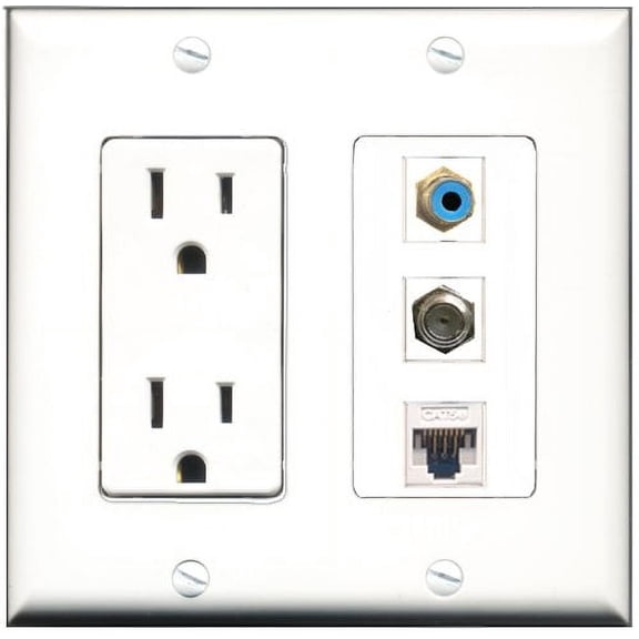 RiteAV - 15 Amp Power Outlet 1 Port RCA Blue 1 Port Coax 1 Port Cat5e Ethernet White Decorative Wall Plate