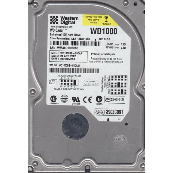 WD1000BB-00CAA1, DCM HSFHCV2AA, Western Digital 100GB IDE 3.5 Hard Drive
