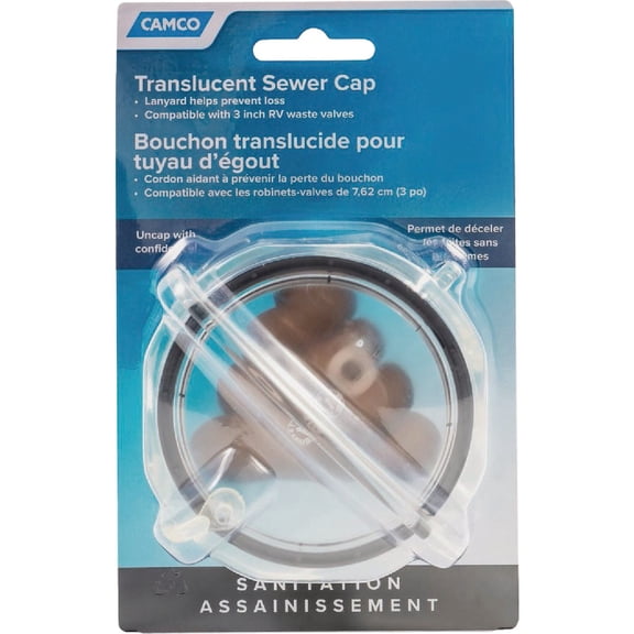 Camco 39455 Clear RV Sewer Cap with Lanyard - Prevents Leaks and Spills from Your RV's Sewer System, Silver