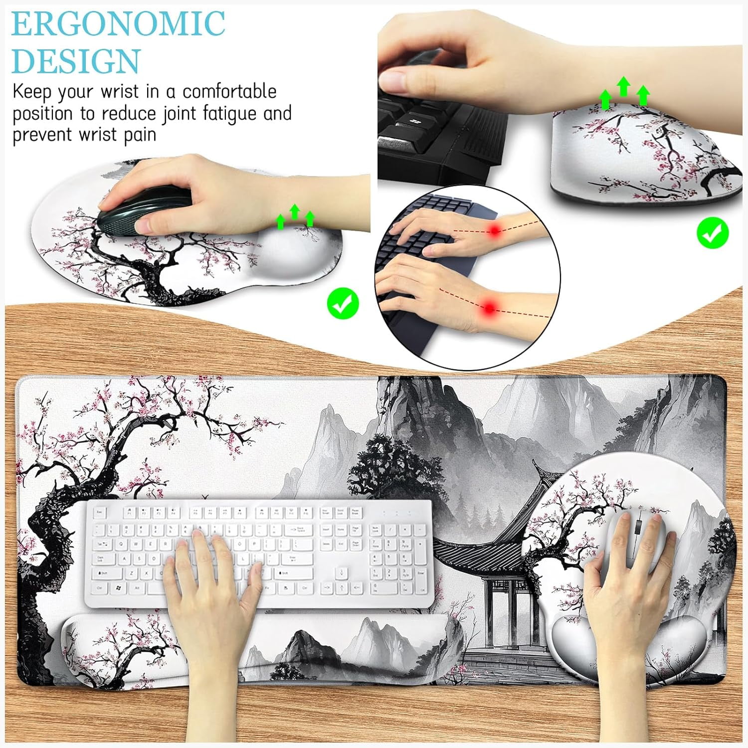 Japanese Ergonomic Mouse Pad Large Desk Mat Set, XXL Anime Mousepad with Wrist Rest, Wrist Support Gaming Keyboard Mat Cup Coaster Set, Japanese Style Office Desk Accessories Decor