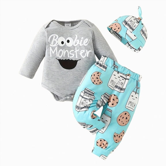 WUANDIXFA Baby Boy Clothes Set 3 6 9 12 18 Months Bodysuit Top Pants Hat Newborn 3Pcs Outfit Newborn Coming Home Outfit,Grey,9-12 Months
