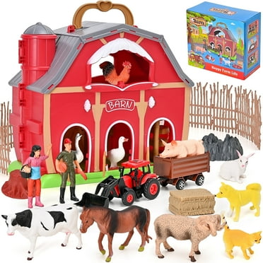 Farm Animal Toys - Red Barn Farm Playset with Miniature Animal Figurines for Toddlers, Realistic Pretend Role-Playing Game for Toddlers Learning Activities