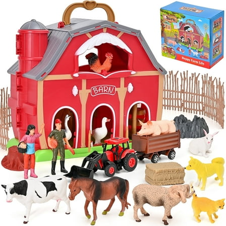 Farm Animal Toys - Red Barn Farm Playset with Miniature Animal Figurines for Toddlers, Realistic Pretend Role-Playing Game for Toddlers Learning Activities