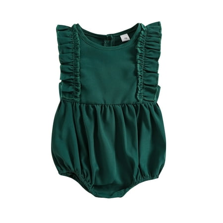 

Kiapeise Newborn Baby Girl Ruffle Sleeveless Romper Button Solid Bodysuit One Piece Crewneck Jumpsuit Short Playsuit Outfits