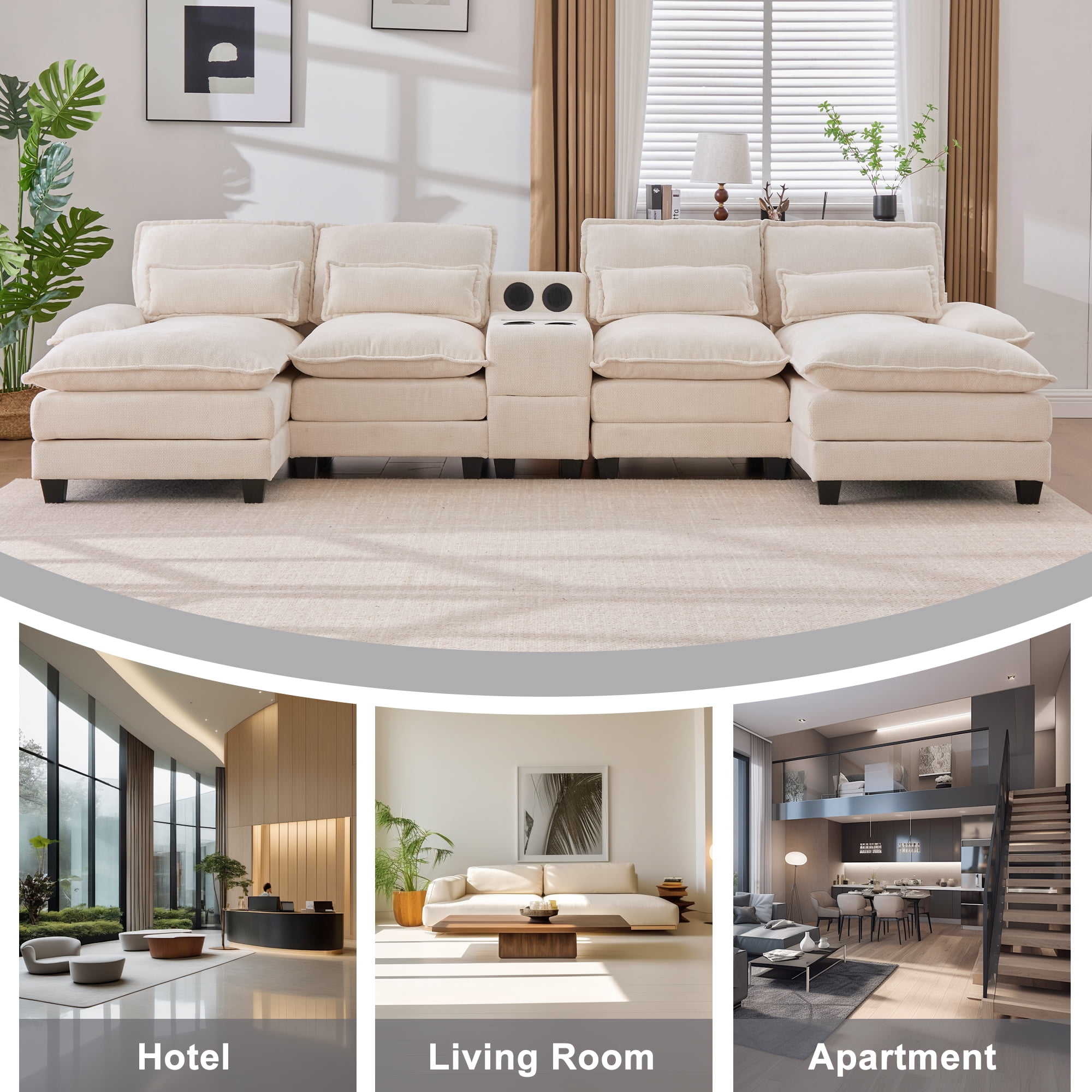 Villeston 126.77" U-Shaped Cloud Sofa With Chaise Lounge, Chenille Sofa With Wireless Charging, Bluetooth Speaker, Two Cup Holders, Storage Drawer, Suitable For Living Room,Beige