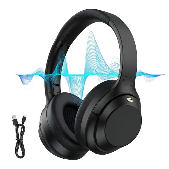 Active Noise Cancelling Headphones, -30dB Wireless Bluetooth Headphones 5.3, 40H Playtime Earbuds, Bass Boosted by 90%, Comfort Fit Over Ear Headphones for Travel Home Office PC Black