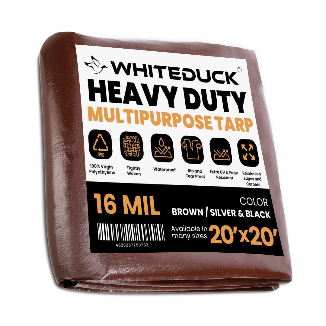 WHITEDUCK 20' x 20' Super Heavy Duty Poly Tarp Thick 16 Mil, Waterproof  100% UV Resistant Rip/Tear Proof Tarp w/Rustproof Grommets  Reinforced  Edges (Brown)