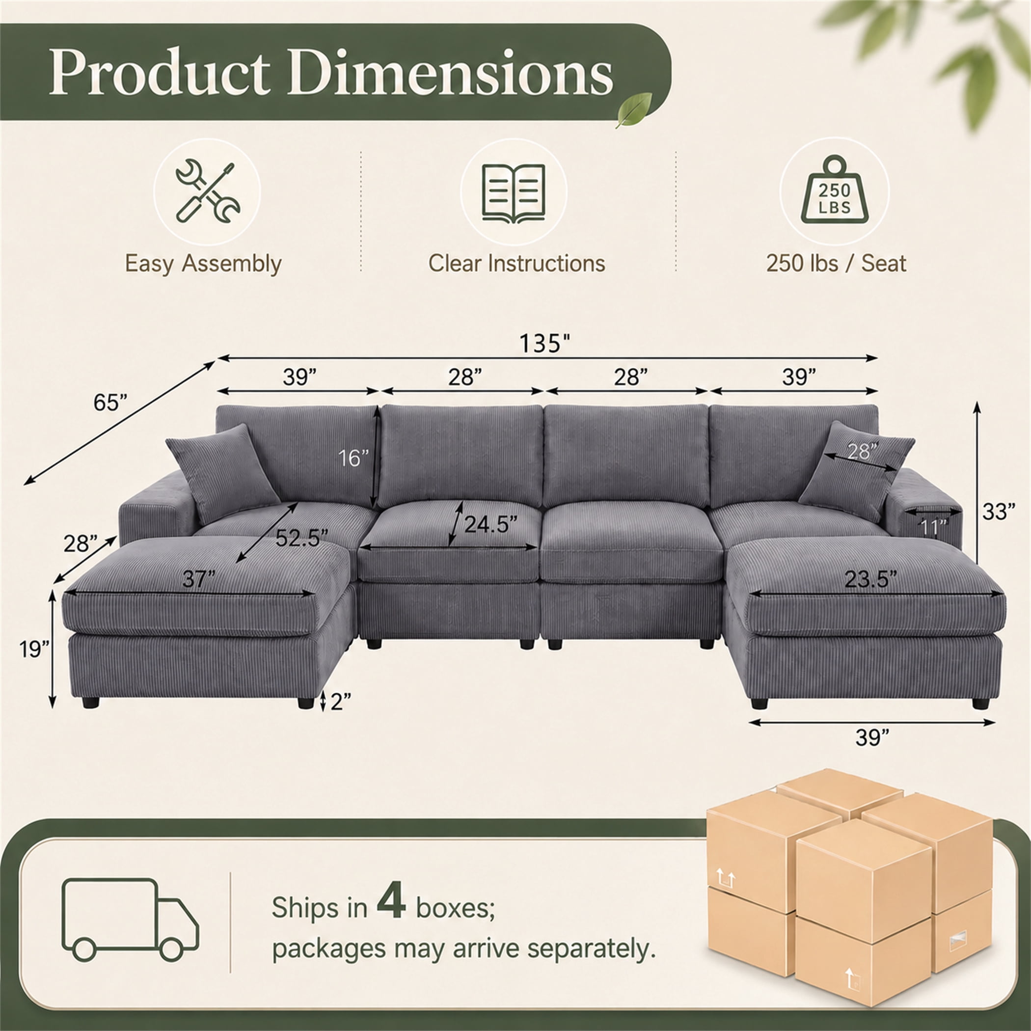 Aukfa 135" Oversized U shape Sectional Couch Modular Sofa for Living Room, 2 Ottoman&Pillows, 25" Deep Seat, Corduroy, Dark Gray