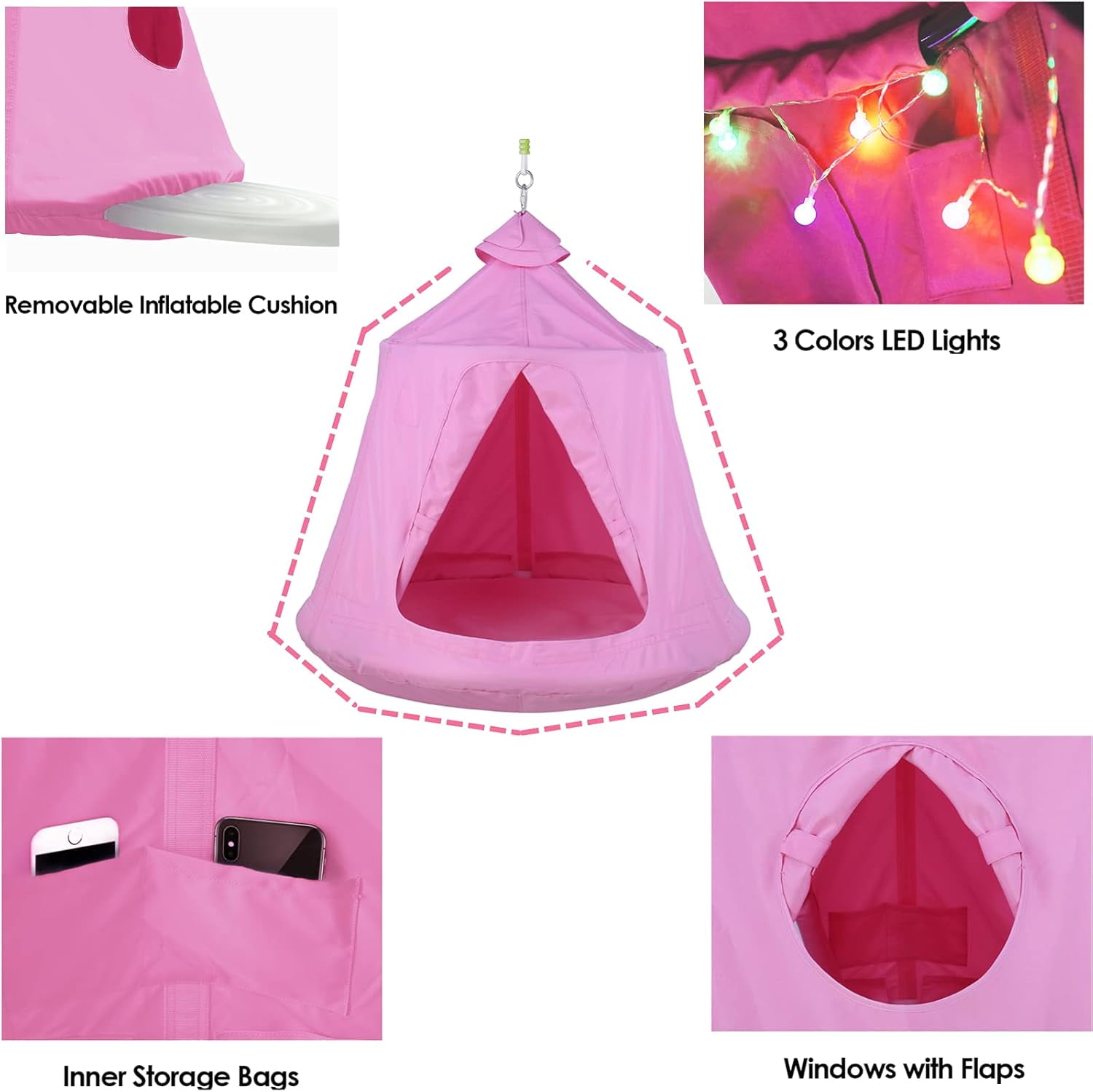 Arlopu X-Shaped Hammock Chair Stand with Swing Chair, Hanging Tree Tent with Steel Stand Combo Set, Play House Swing Tent with Steel Frame, LED Light Strip, 330lbs Weight Capacity
