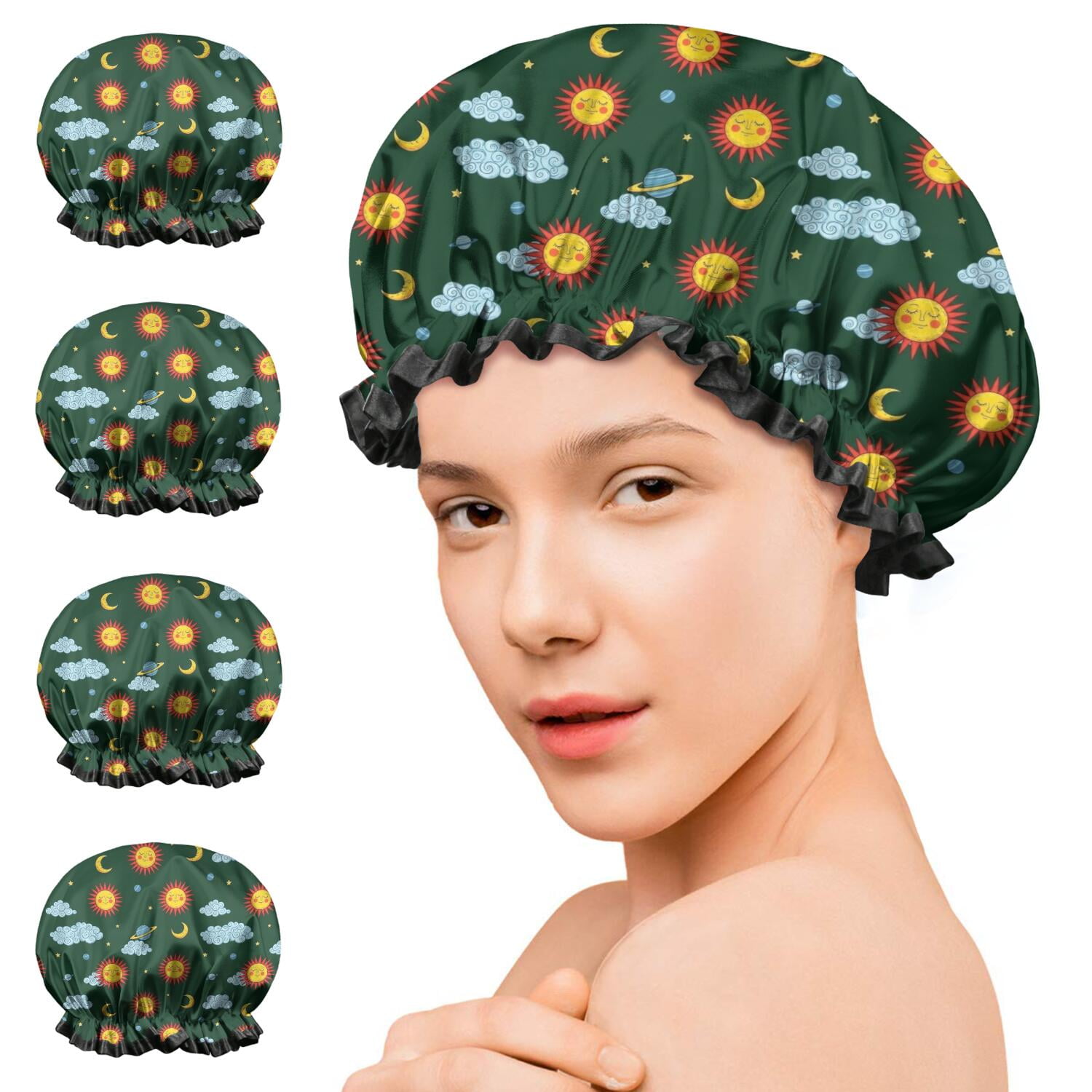 Shower Caps,Green Sun Moon Cloud Planet Pattern Waterproof Shower Cap for Women 4 Pieces,Double Reusable Hair Cover for Shower PEVA Elastic Stretch Hem