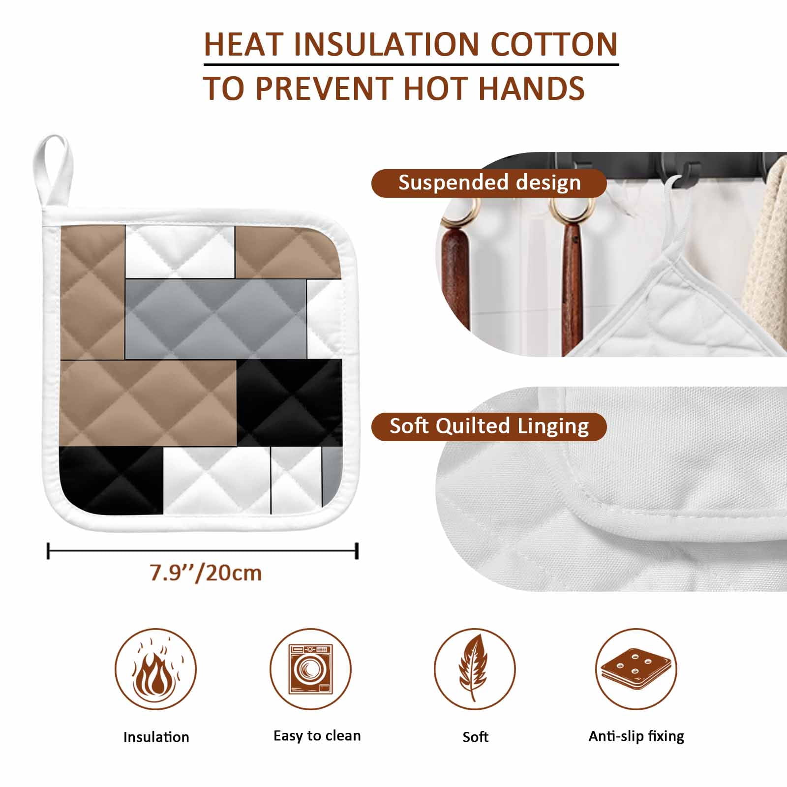 Brown Grey Pot Holders for Kitchen Heatproof Potholder, 5 Pack Modern Brown Geometric Hot Pads Multipurpose Oven Pads Cloth Potholders Trivet for Cooking Baking