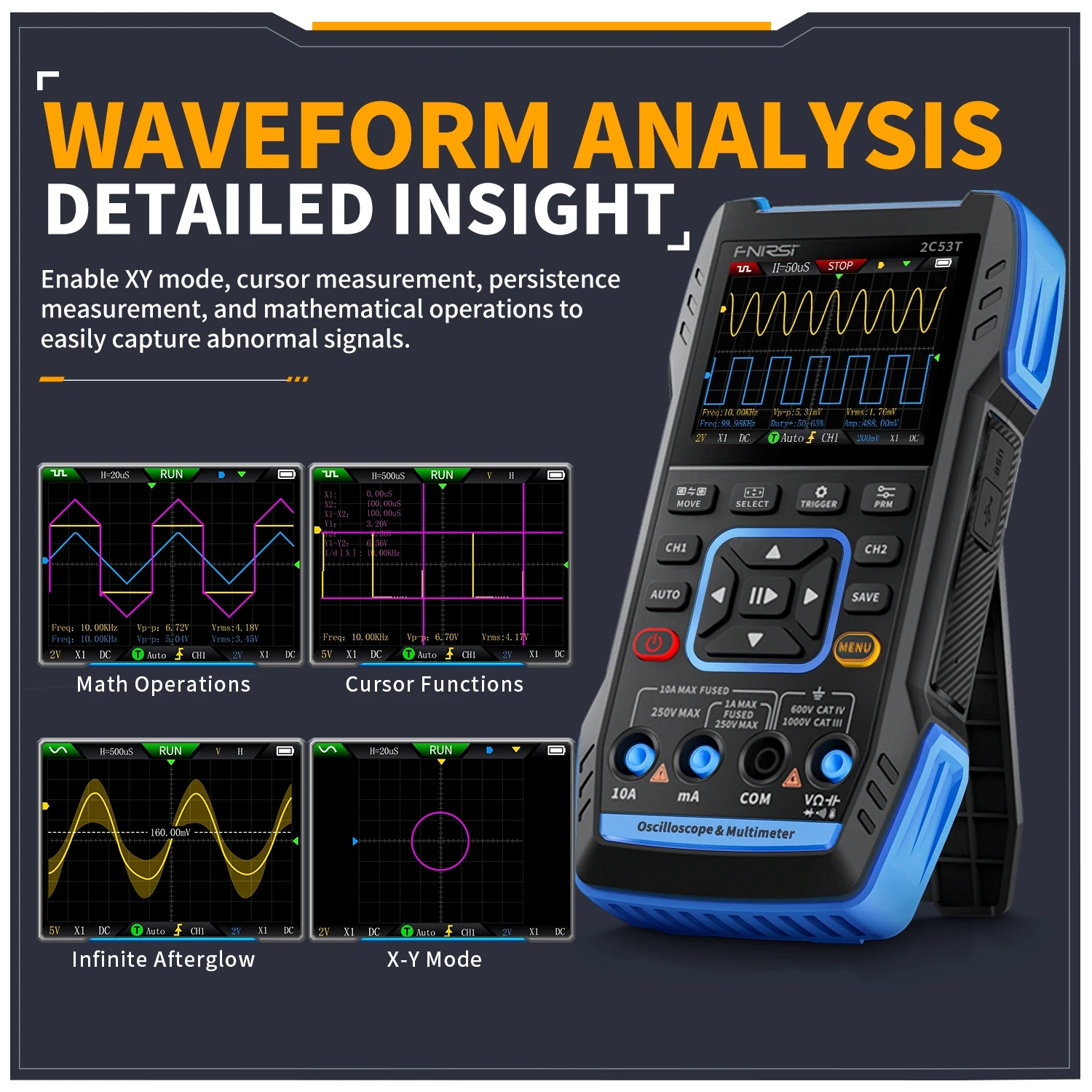 FNIRSI 2C53T Upgrade 3in1 Oscilloscope Multimeter Signal Generator 50MHz Bandwidth 250MS Rate Dual Channel 20000 Counts