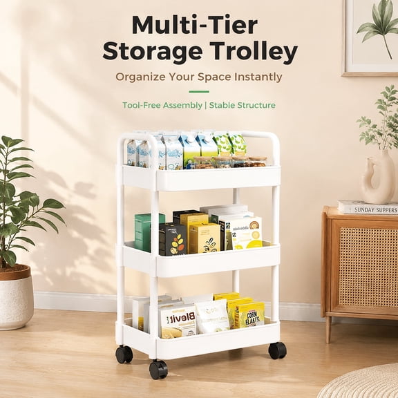 [JiyIsle] 3-Tier White Mesh Utility Cart with Lockable Wheels, Mobile Storage Trolley for Bathroom Kitchen Snack Craft Beauty Baby Supplies
