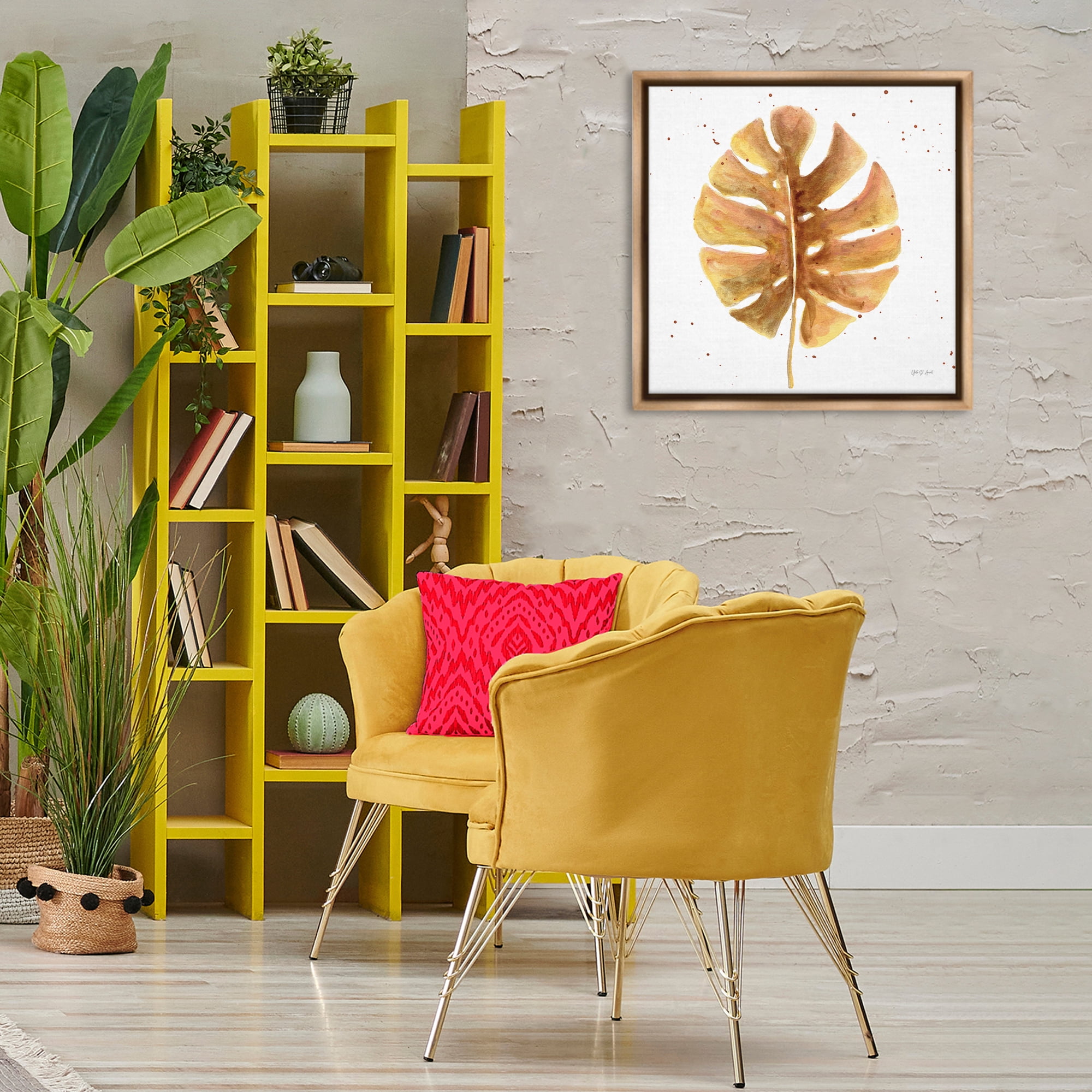 Stupell Industries Golden Palm Leaf Botanical & Floral Painting Brown Floater Framed Art Print Wall Art, 25 x 25