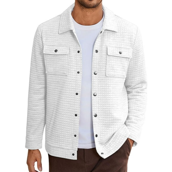 Mens Loose Fit Casual Shirt Long Sleeve Button Down Quilted Overshirt Coat