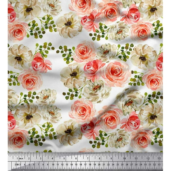 Soimoi Crepe Silk Fabric Ranunculus with Bunch Floral Decor Fabric Printed Yard 42 Inch Wide