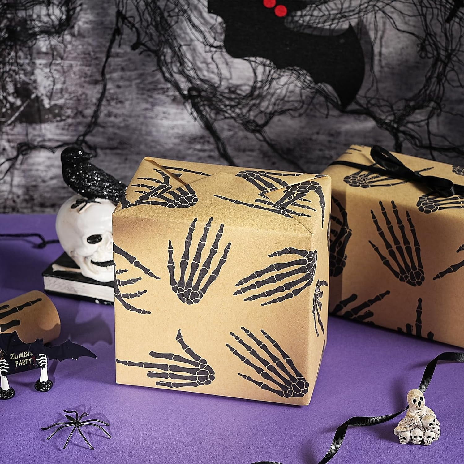 Halloween Skeleton Hand Wrapping Paper Roll, Mini Roll, Black Bone Hand Design, Gothic Kraft Gift Wrap Paper for Spooky Gifts, Halloween Party Favors, Trick or Treat, 17 Inches x 16.4 Feet