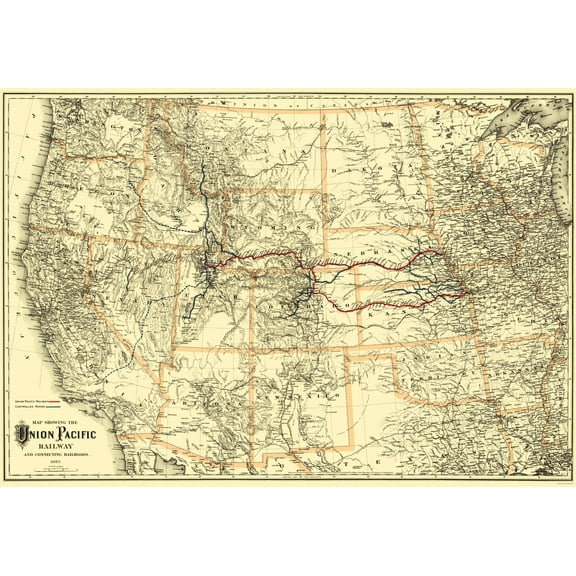 Railroad Map - Union Pacific Railway - Colton 1882 - 23 x 33.13 - Vintage Wall Art