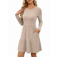 thumbnail image 2 of Womens Long Sleeve Fall Short Dress Casual Ribbed Knit Crewneck Flowy A Line Sweater Dresses with Pockets Khaki XXL, 2 of 8