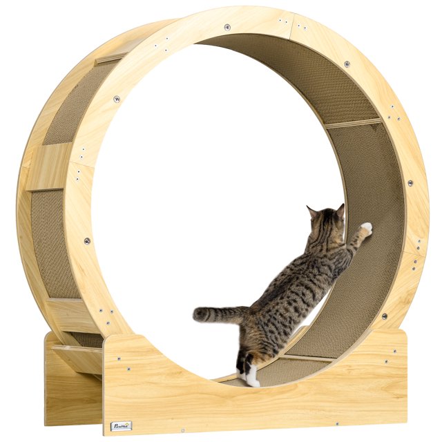 PawHut Roue pour Chat de 36 Pouces pour Chats d'Intérieur avec Frein, Patins à Griffer, Chêne