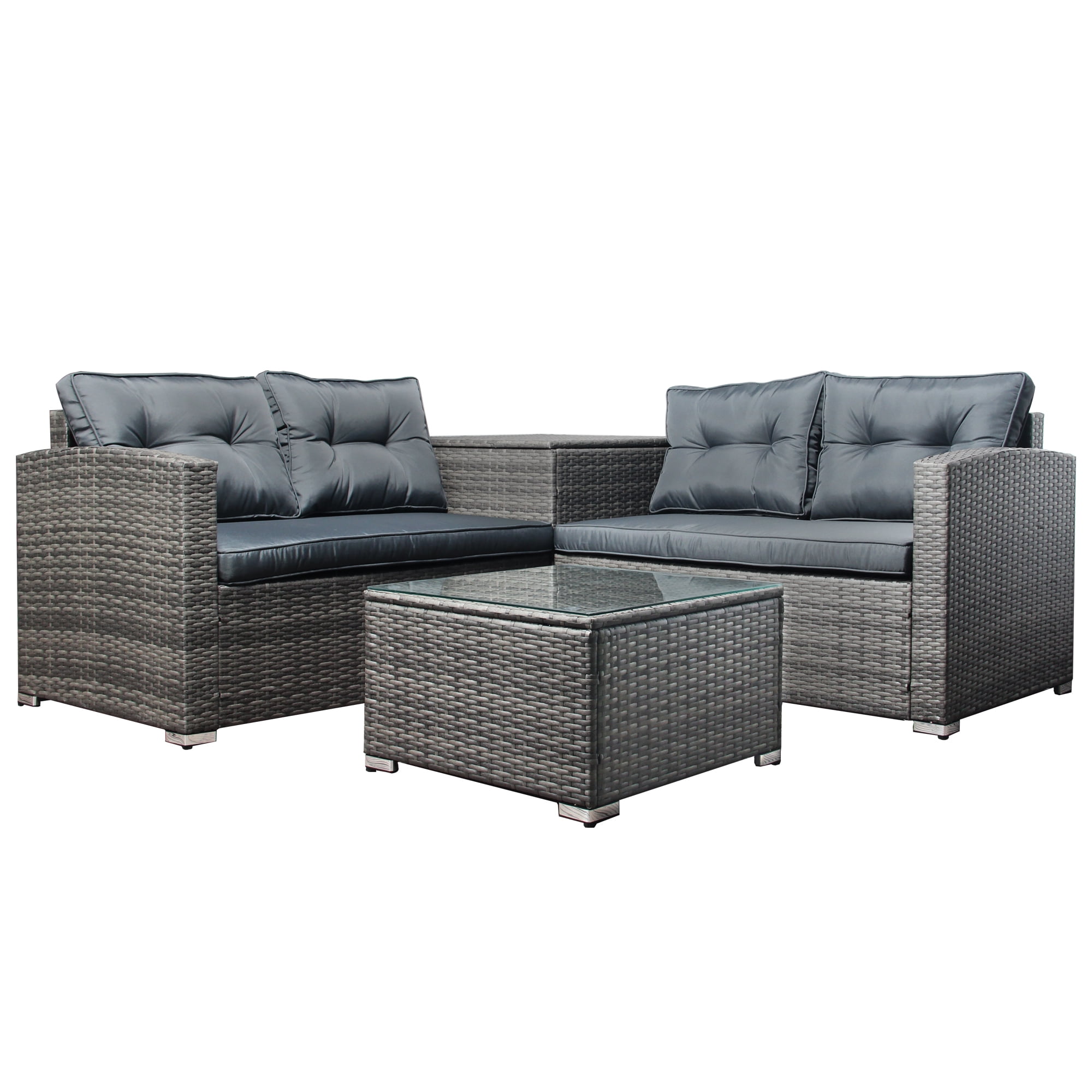 Rattan Patio Sofa Set, 4 Pieces Outdoor Sectional Furniture, All-Weather PE Rattan Wicker Patio Conversation, Cushioned Sofa Set with Glass Table & Storage Box for Patio Garden Poolside Deck