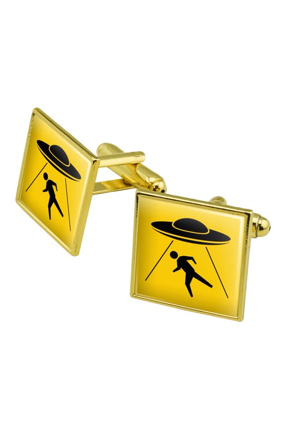 Alien Abduction Hazard Warning Sign Square Cufflink Set - Silver or Gold