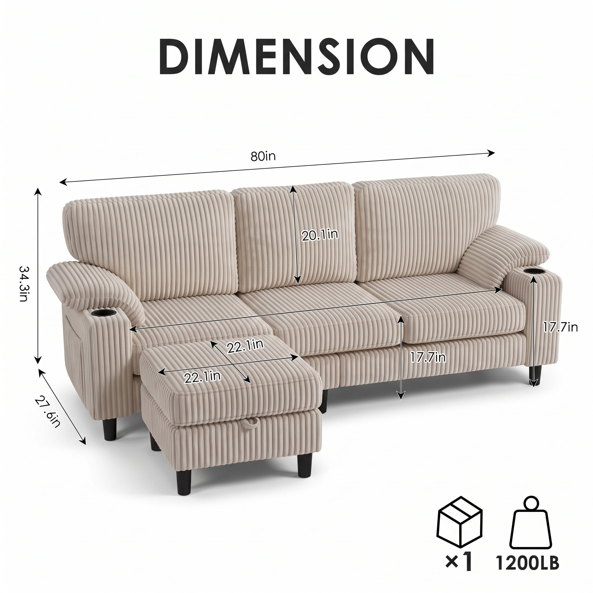 Xiweot 80" L Shaped Sectional Sofa, 3 Seater Convertible Couch with Storage Ottoman, Charging Ports & Cup Holders, Corduroy Comfy Upholstered Sofa for Living Room Apartment, Beige