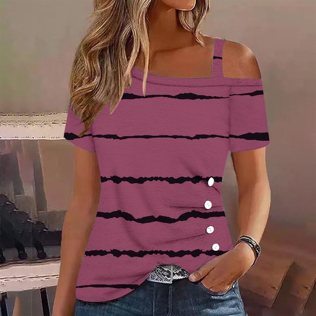 Fiudx Camisas de Mujer Blusa con Botones de Manga Corta Halter con Hombros Descubiertos y Estampado para Mujer
