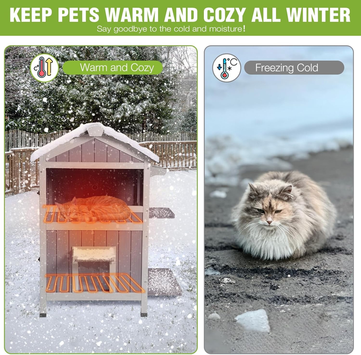 Aivituvin 2-Story Heated Cat House for Outside Large Insulated Cat House Outdoor Weatherproof Feral Cat Shelter with Heated Pad, Insulated All-Round Thermal Liner for 1-4 Cats