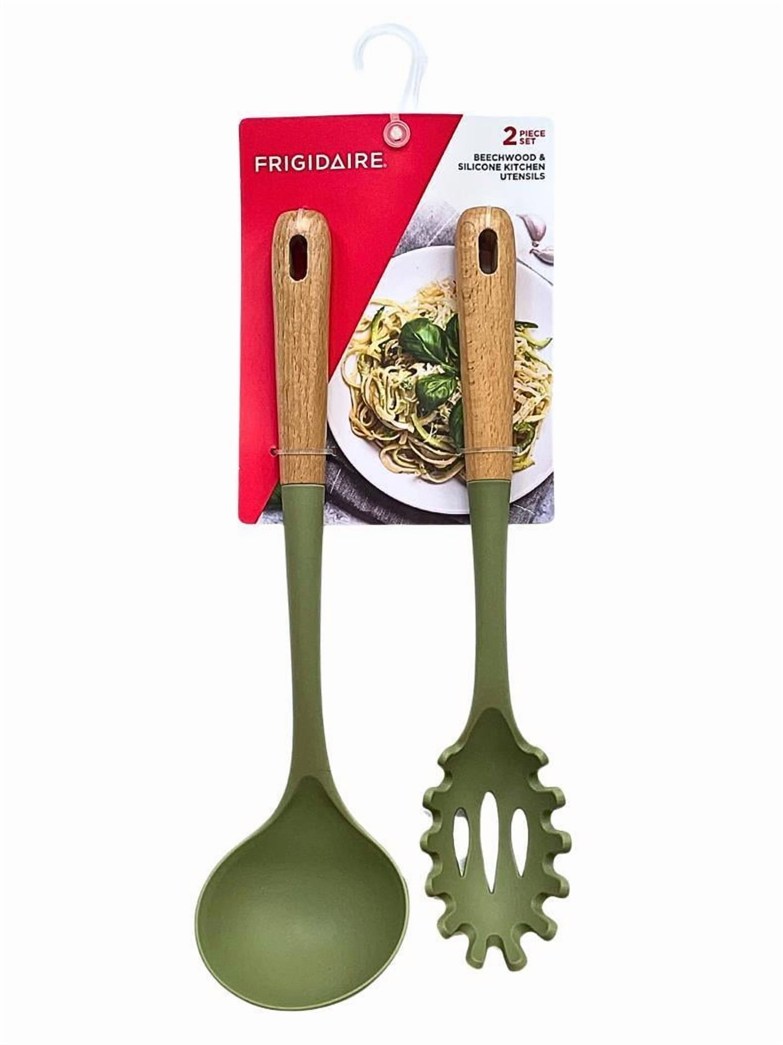 2PC Beechwood Silicone Utensil Set, Large Soup Ladle, Large Pasta Fork, Heat-Resistant, Kitchen Cooking Utensils with Wooden Handle