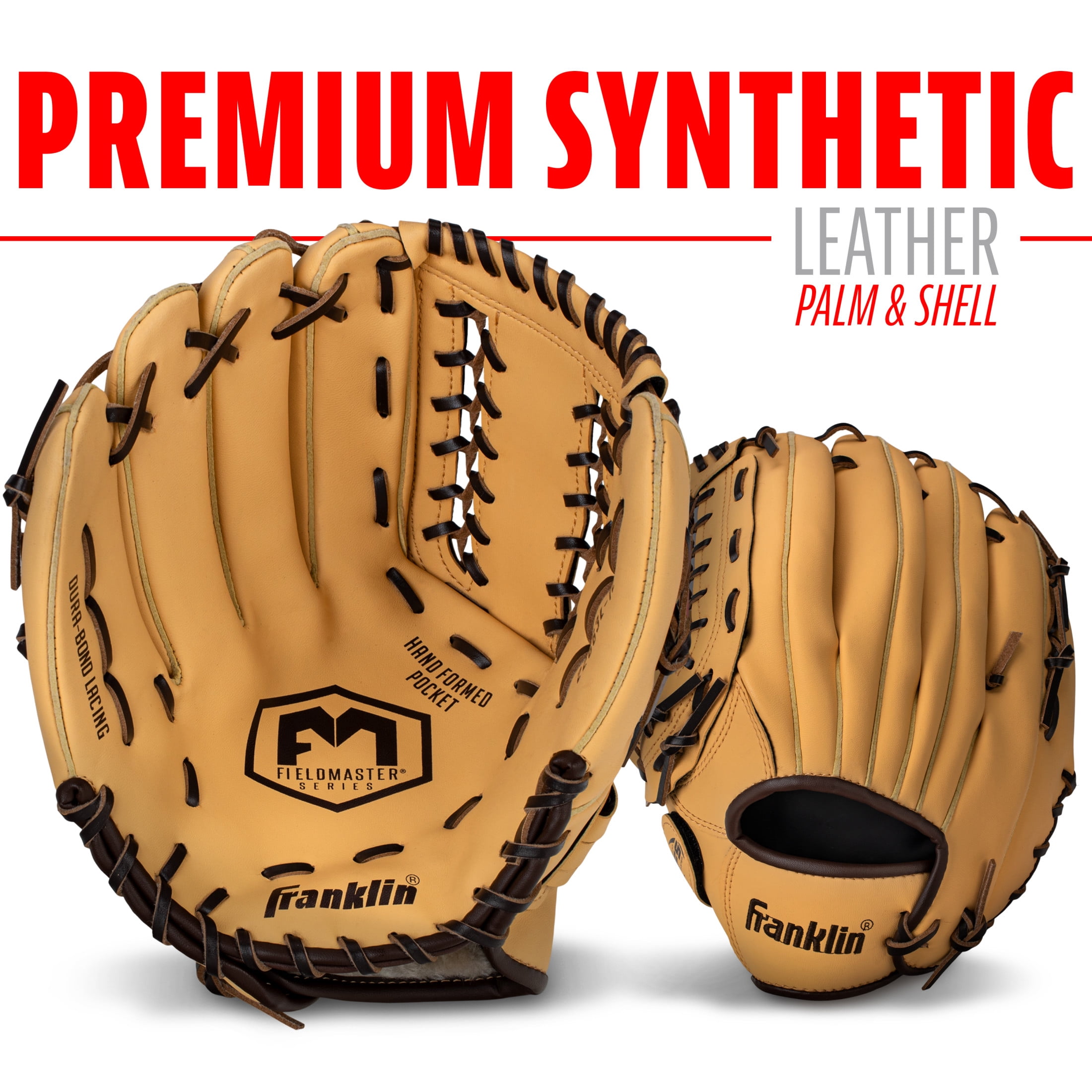 Franklin Sports Field Master Baseball + Softball Glove, 12 in, Camel Brown, Left Hand Throw
