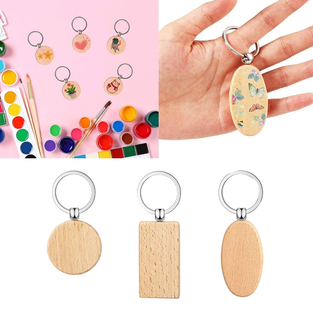 Oasiva 50Pcs Blank Wooden Keychain Set, Unfinished Wood Pieces with Key Rings Wood Key Ring Key Tags DIY Supplies for Craft