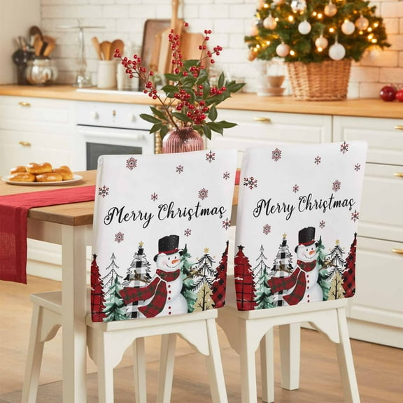Merry Christmas Chair Covers Set of 8 Christmas Snowman Snowflakes Tree Chair Back Covers Stretch Removable Washable Slipcovers Protector for Dining Room Kitchen Party Decor
