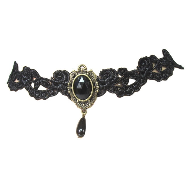 Collier Ras du Cou Gothique Noir en Dentelle Collier Ras du Cou Vampire de la Cour Royale avec Strass Rouges et Pendentif en Forme de Goutte Noire Bijoux de Costume d'Halloween pour Femmes (Noir)